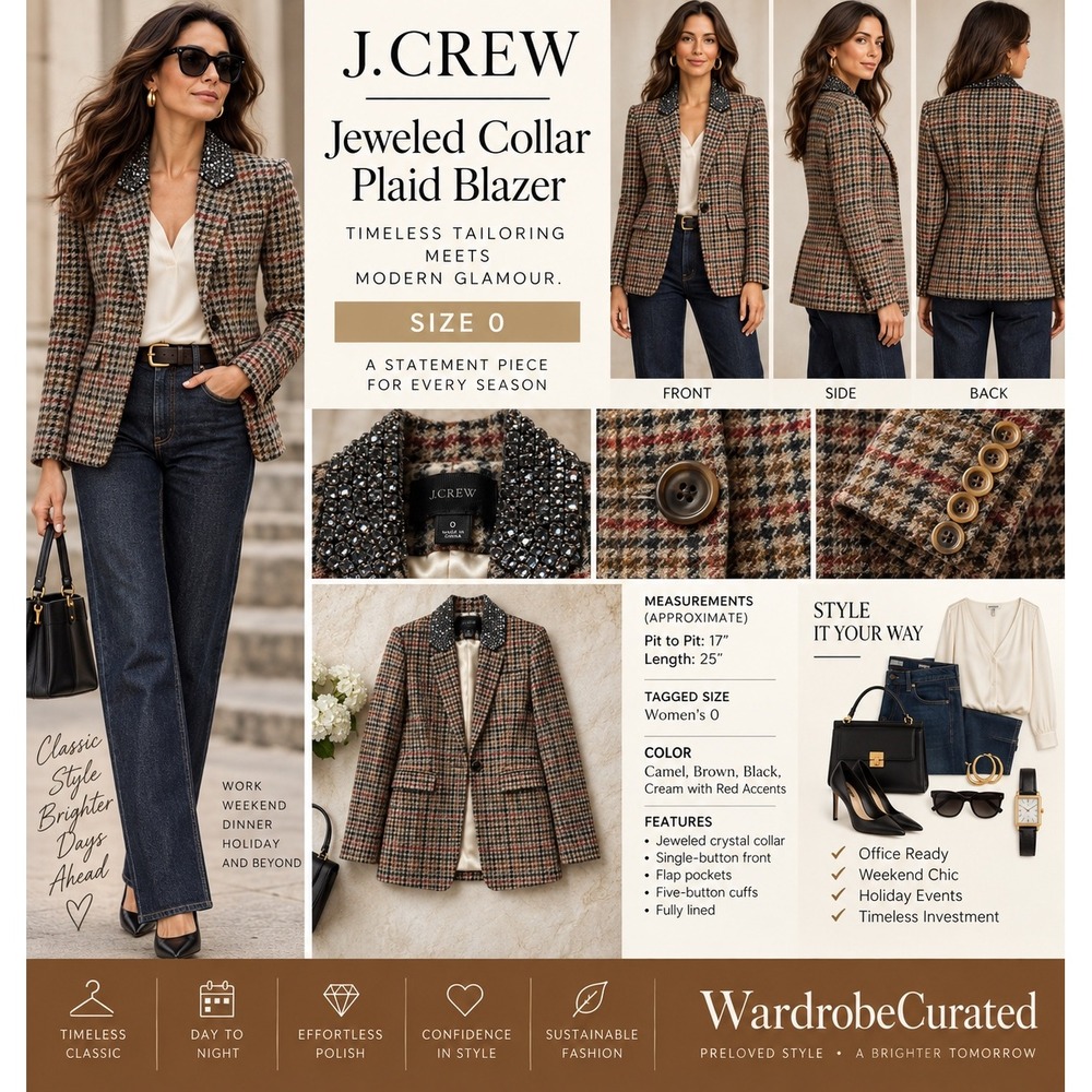 J.Crew Jeweled Collar Houndstooth Plaid Wool Blazer Jacket Brown Camel Size 0